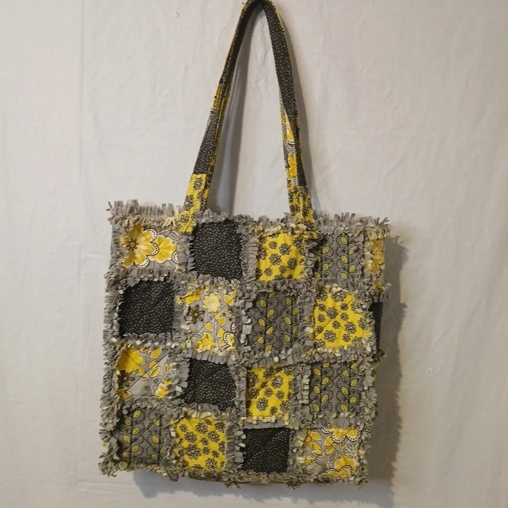 Handmade Quilted Bag Large With Button Closure Yellow Gray‎ And Black